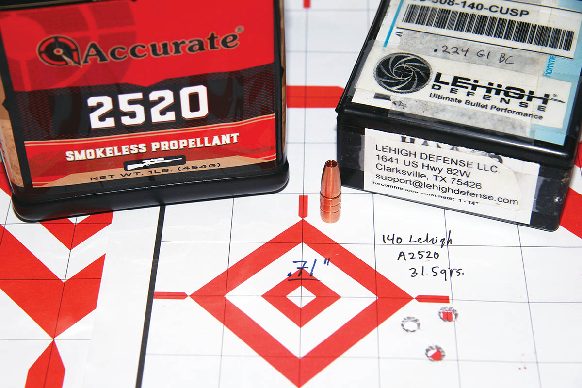 The best group assembled using Lehigh Defense’s 140-grain Controlled Chaos bullet measured .71 inch. It was the result of 31.3 grains of Accurate 2520 and produced an average muzzle velocity of 2,225 fps.